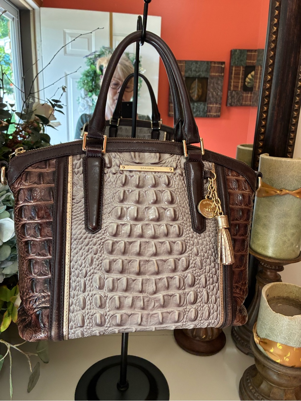 Brahmin Two-Tone Brown & Cream Croc-Embossed Leather Satchel